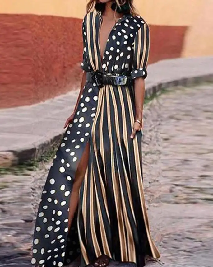 

Dresses for Women 2022 Summer Polka Dot Striped Print Casual Turn-Down Collar Slit Maxi Half Sleeve Daily Dress Without Belt