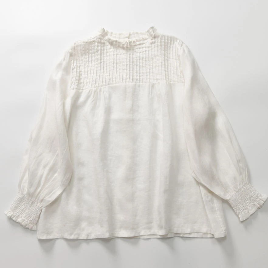 

100% Linen Lantern Long Puff Sleeve Ruffled Collar Loose Blouse Fall Spring Office Lady Work Elegant Sweets Basics Top Clothes