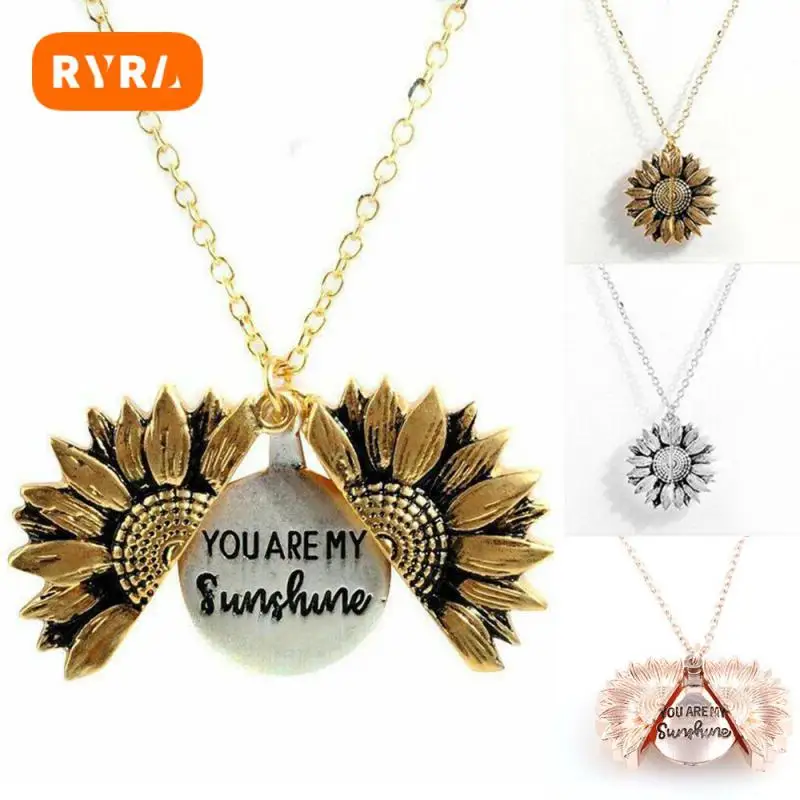 

Vintage Sunflower Locket Pendant Necklace Bohemia female Gold Open Engrave letter Necklaces Lover Gift Dropshipping