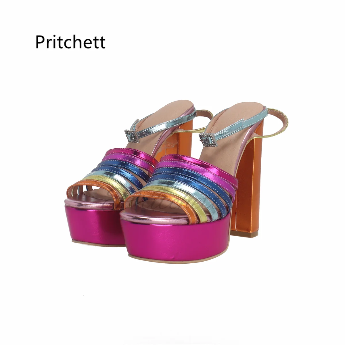 Mixed Colors Chunky Heel Sandals for Women Platform Rhinestone Buckle Open Toe Leather Sandals Female Sweet Party Summer Shoes