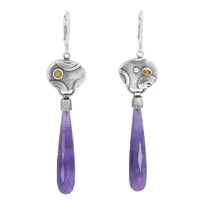 fashion metal hand carved pattern purple stone earrings extra long women chic inlaid water drop amethyst dangle earring jewelry