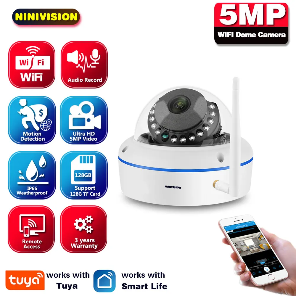 

Умная IP-камера Tuya с Wi-Fi, уличная купольная камера видеонаблюдения ночного видения с датчиком движения, водонепроницаемая 5-мегапиксельная домашняя камера безопасности