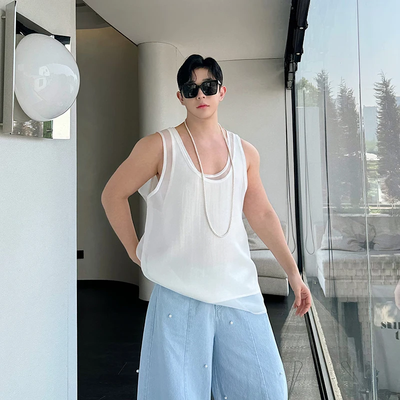 Мужские летние двухслойные атласные сетчатые комплекты из 2 предметов футболка