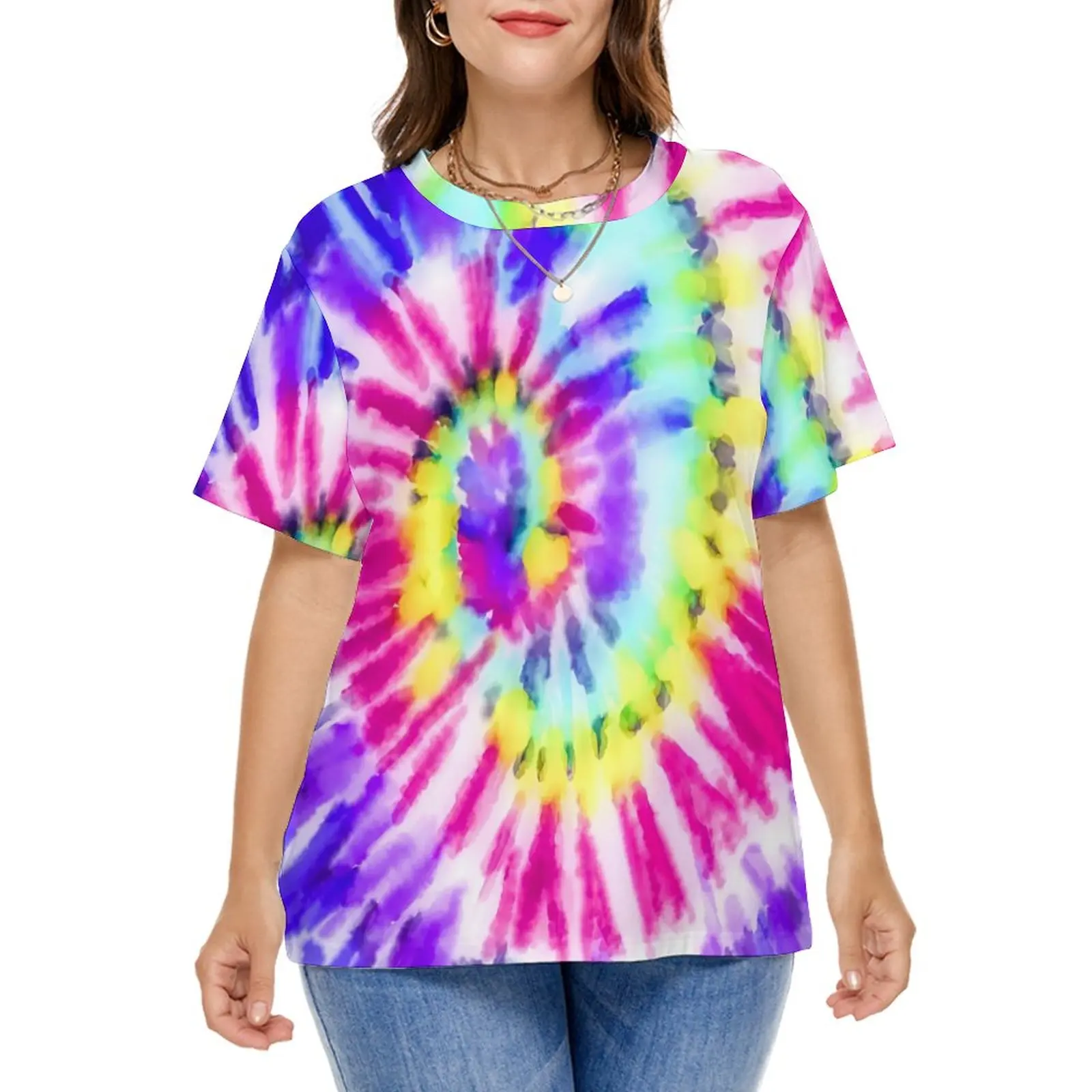 Tie Dye Watercolor T-Shirt Artsy Neon Rainbow Hip Hop T Shirts Short Sleeves Street Style Tee Shirt Sexy Graphic Tees Plus Size