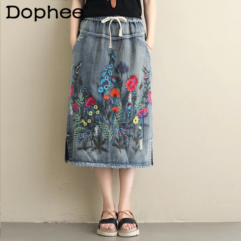 

2022 Spring Summer New Loose Large Size Ethnic Style Denim Heavy Embroidery Elastic Waist Large Pocket Split Skirt