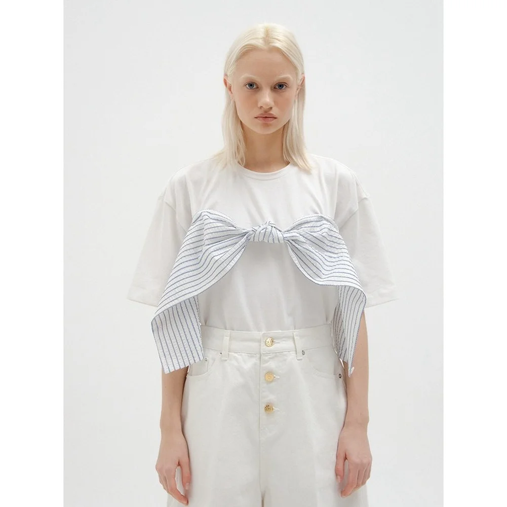 

EENK Cotton Short-sleeved T-shirt 2022 Summer New White T-shirt Women Bow Decoration Round Neck Short-sleeved Pullover Top