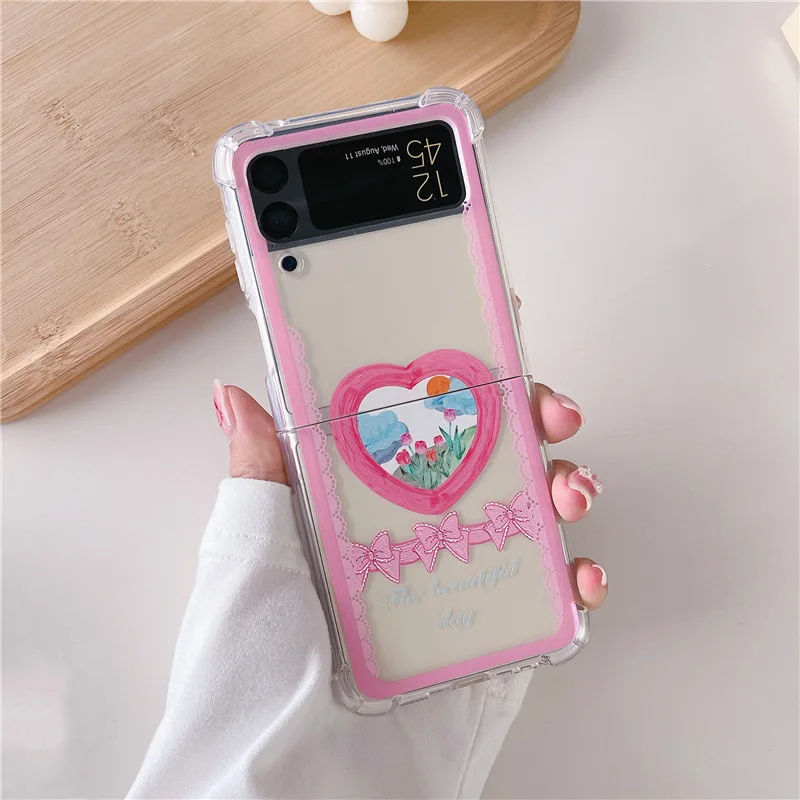 

Oil Painting Pink Heart Transparent Phone Case for Samsung Galaxy Z Flip 4 3 Soft TPU Back Cover for ZFlip4 ZFlip3 Cases Shell