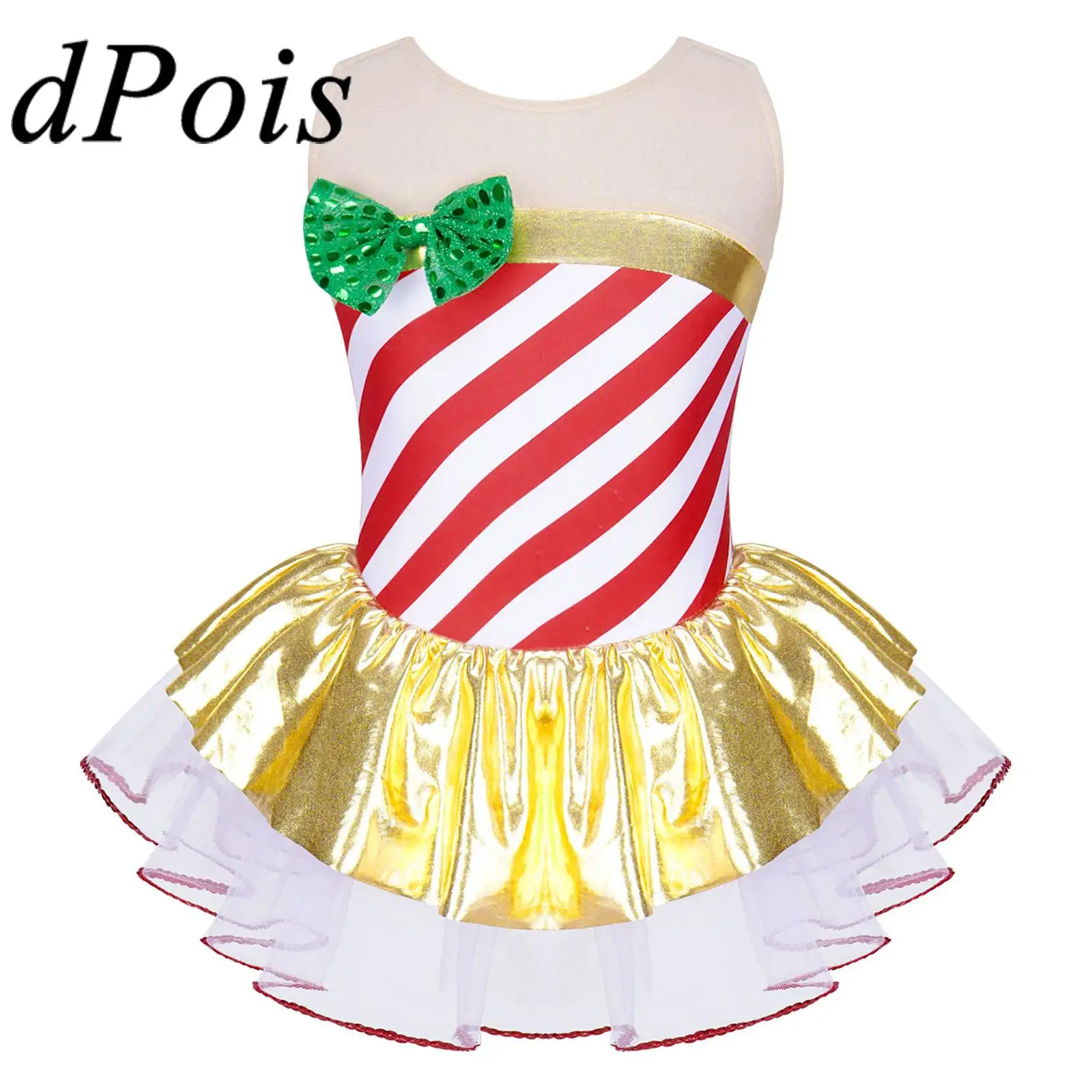 

Kids Girls Christmas Dress Striped Dance Wear Mesh Patchwork Metallic Ballet Dress Gymnastics Leotard for Xmas Party Costumes