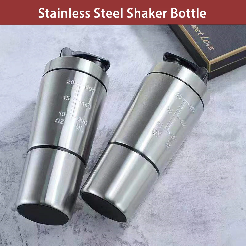 

600ml Stainless Steel Water Bottle Protein Shaker With Compartment For Bodybuilding Nutrition Supplements Gym Metal Mixer Cup