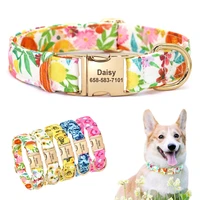 floral printed custom dog collar personalized adjustable nylon pet dog nameplate id tag collar metal buckle for small large dogs