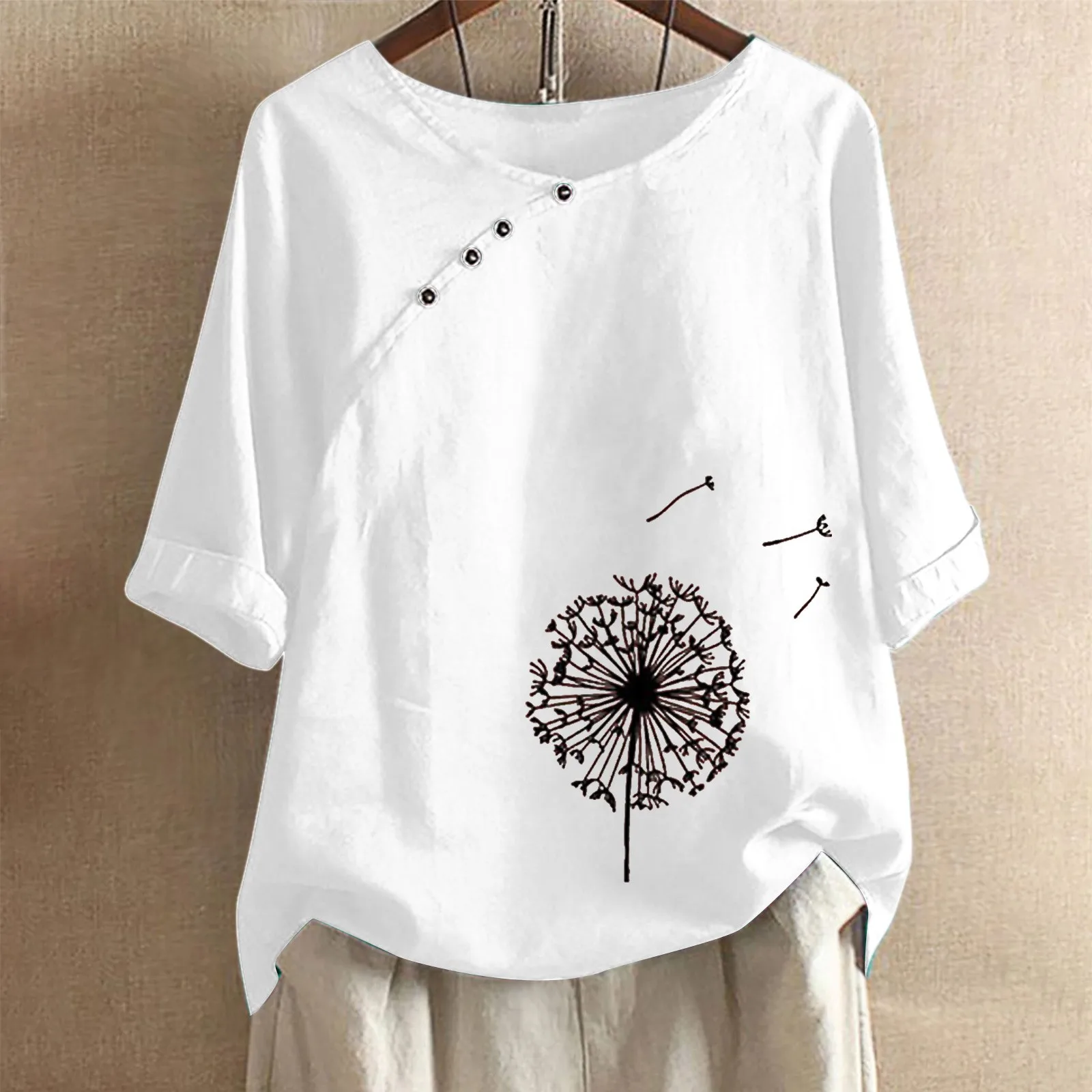 

Summer Women's Half Sleeve Round Neck Side Button Fit Dandelion Printed Top T Shirts Ladies Casual Linen Tee Oversized Tops