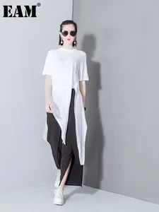 Женская Асимметричная длинная футболка EAM, белая однотонная футболка с круглым вырезом и коротким рукавом, весна-лето 2022, T298