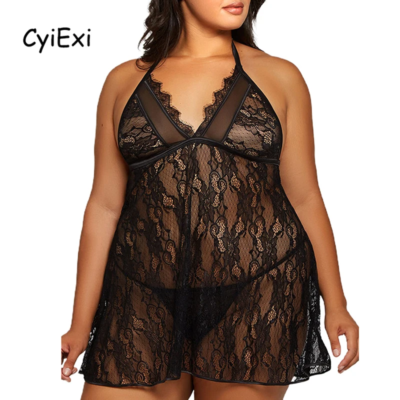 

CyiExi Black Halter Lace Plus Size Lingeries Set for Women Sexy See Through Backless Babydoll Dress + Thong Female Nightgown 5XL