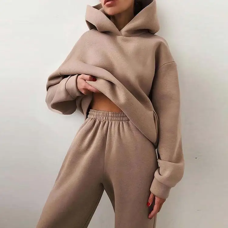 

Hooded Ladies Solid Color Sweater Casual Street Style Comfortable Warm Suit Hooded Fashion Long-sleeved Two-piece Suit T544