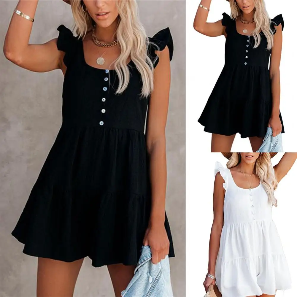 New Women Pleated Patchwork Jumpsuit Black White Color Fly Sleeve Summer Loose Leisure Ruffled Side Romper Beach Ladies Clothes