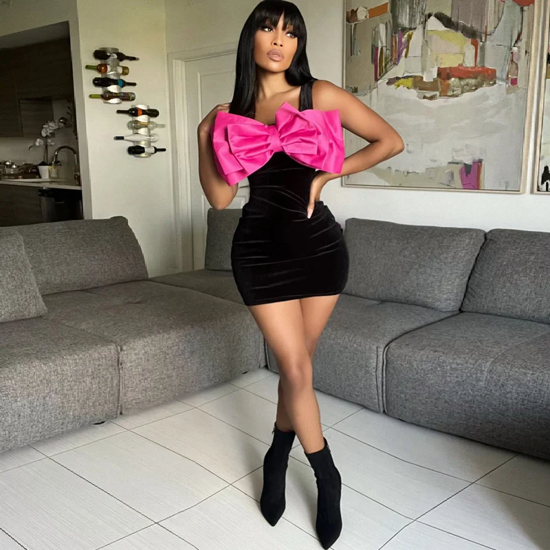 

Модное женское платье с бантом, новинка 2022, облегающие сексуальные платья без рукавов, элегантные вечерние Клубные женские мини-платья