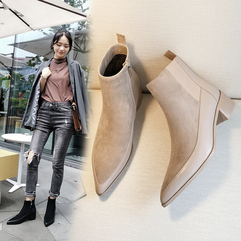

INS Hot Women Ankle Boots Autumn and Winter Chunky Heel Panel Short Boots Pointed Toe Chelsea Boots Women's Fashion Boots