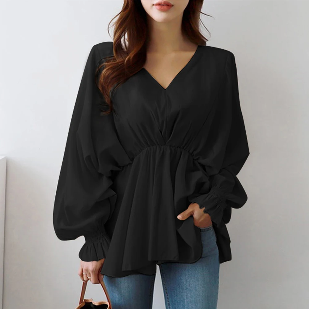 

Women Elegant Blouse Long Sleeve Solid Color Fashion Ladies Blouse Pullover V-neck Pleated Patchwork Spring Fall Ladies Clothing