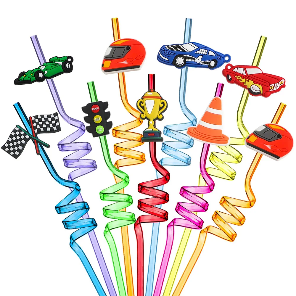 

24Pcs 8Styles Race Car Drinking Straws Reusable Plastic Curly Wheels Birthday Party Favors Kids Boys Racing Supplies Baby Shower