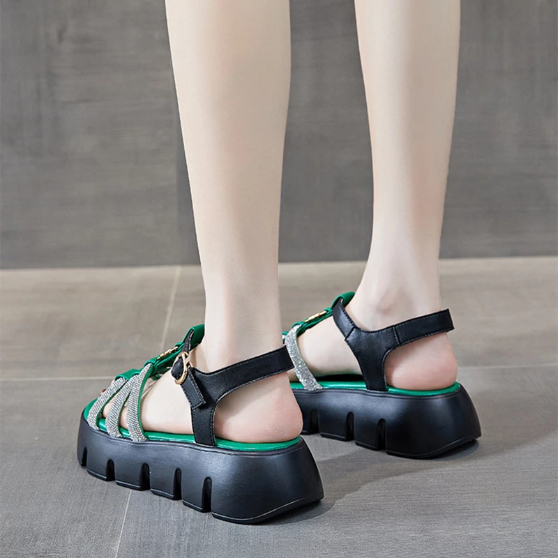 CICIYANG Women's Sandals Summer Genuine Leather 2023 New Chunky Platform Wedge Roman Sandal Ladies T-strap Outdoor Sandals Green