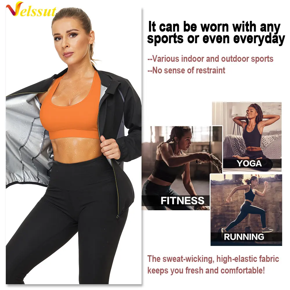 Velssut Sauna Jacket for Women Hot Sweat Top Weight Loss Shirt Fitness Long Sleeve Thermal Sportwear Fat Burner Gym Sport Zipper