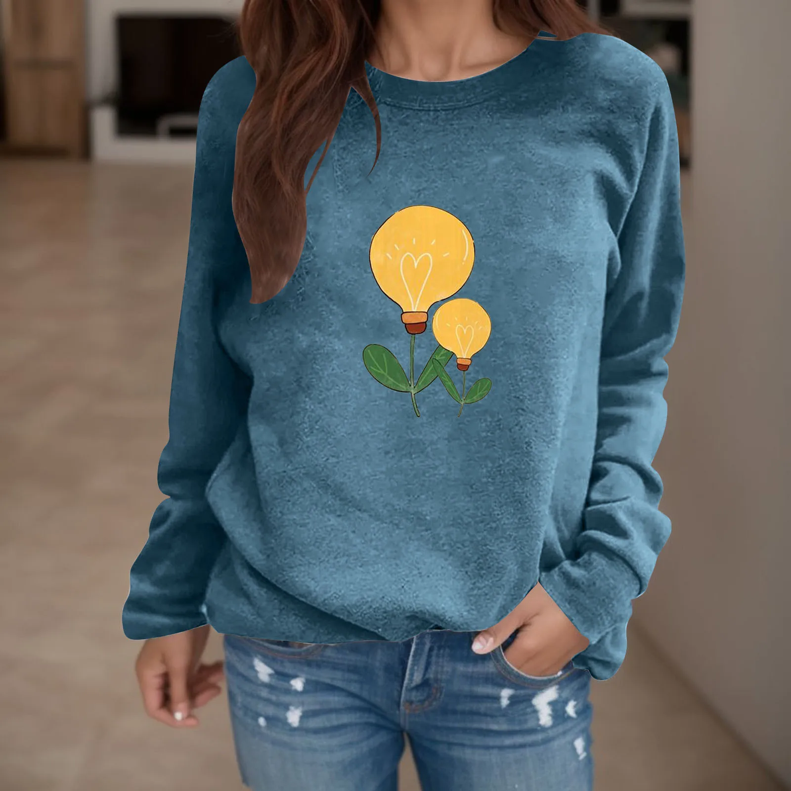 

Women Casual Hoodless Sweatshirt Round Neck Pullover Top Light Bulb Women's T-Shirt Energy Print Long Sleeve Blusas Outfits