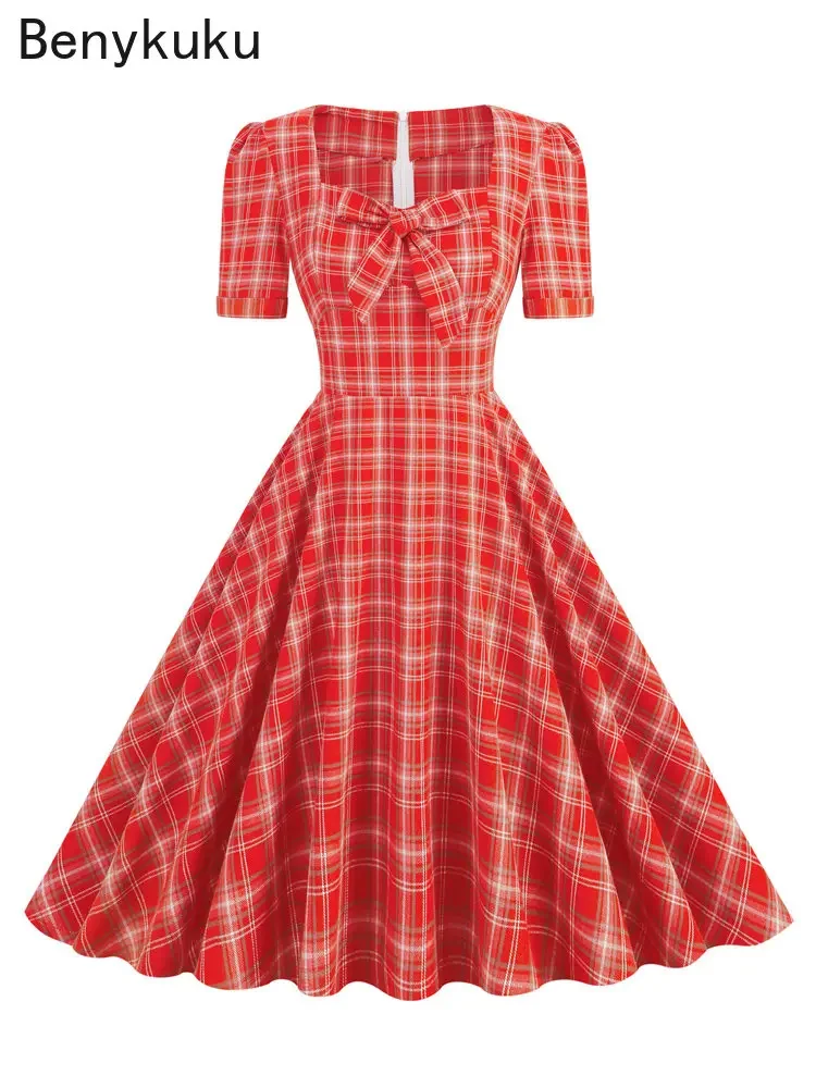 Женское винтажное платье с бантом спереди зеленое клетчатое 1920-х годов в стиле