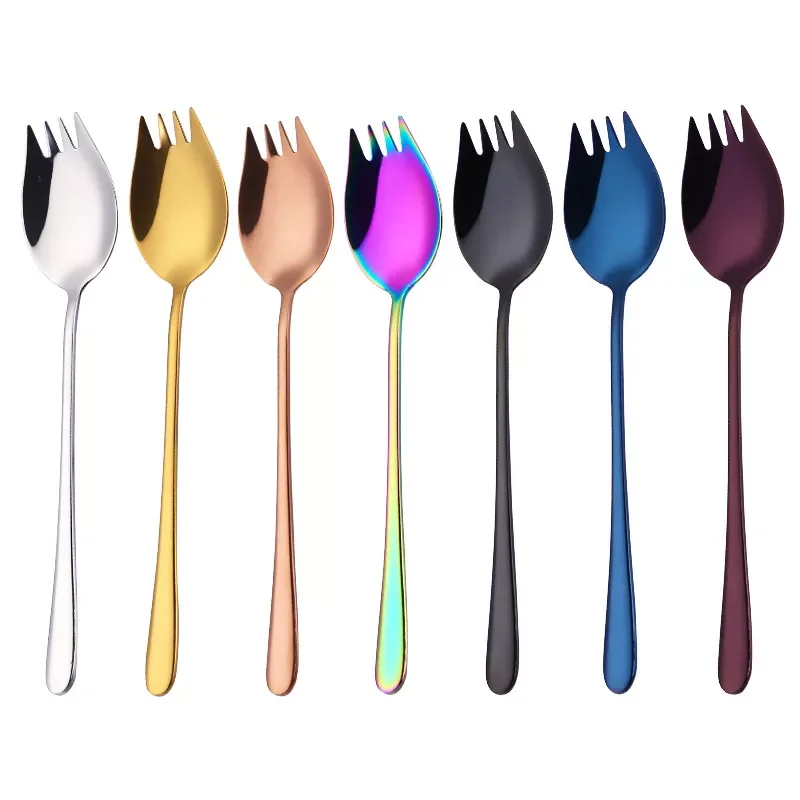 

Creative Design Kitchen Tableware Tools 3 In 1 Stainless Steel Colorful Sporks Dessert Fork Spoon Noodles Salad Fruit Utensils