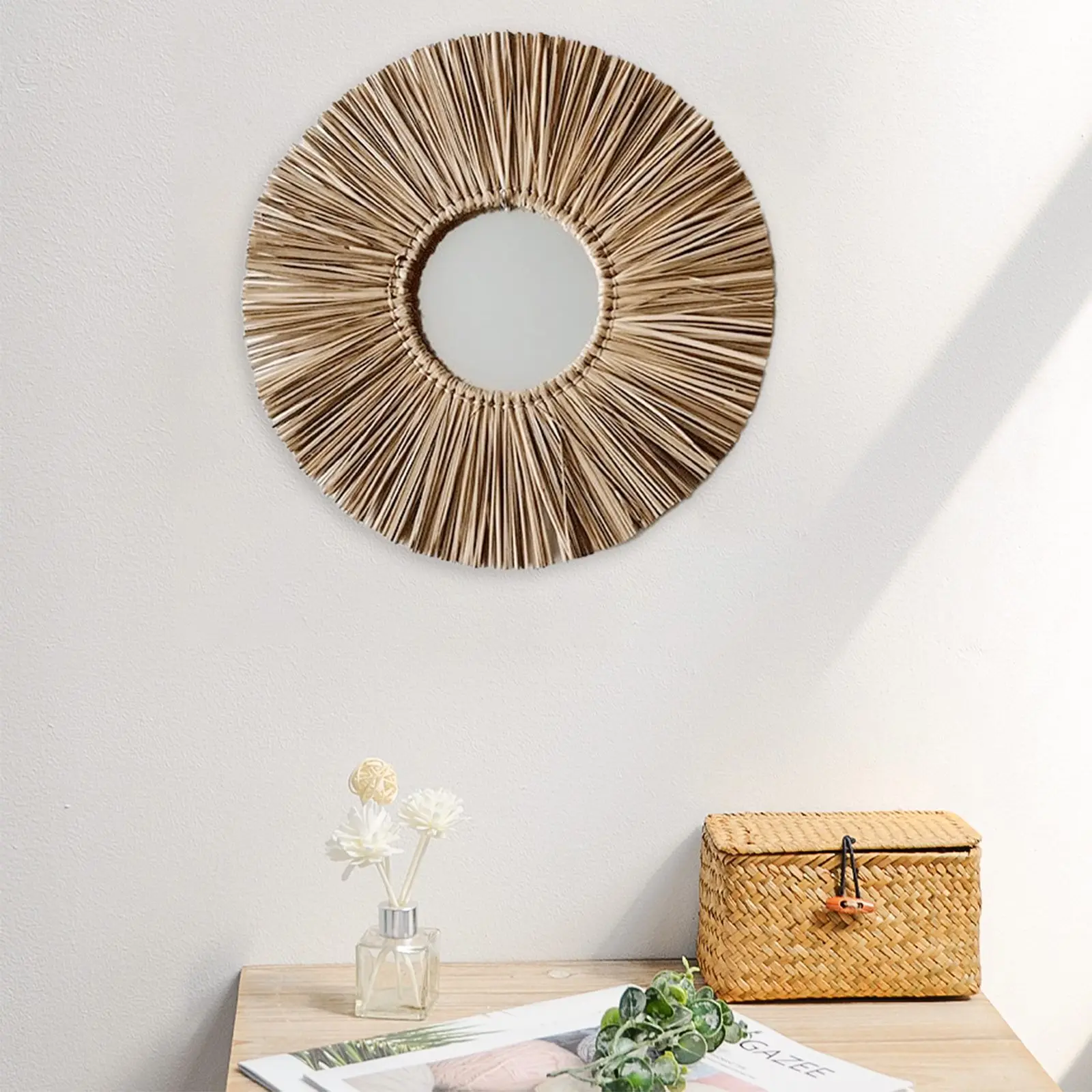 

Round Straw Rope Wall Mirror Handmade Macrame Decorative Hanging Mirrors Living Room Bedroom Homestay Bedside Wall Decoration