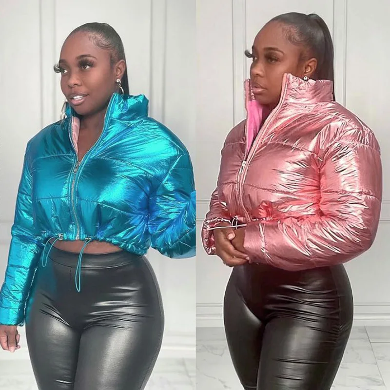 Bright Face Bread Jacket Down Cotton Jacket Stand Up Collar Stylish Casual Warm Regular Winter Clothes Women Winter Coat Zippers