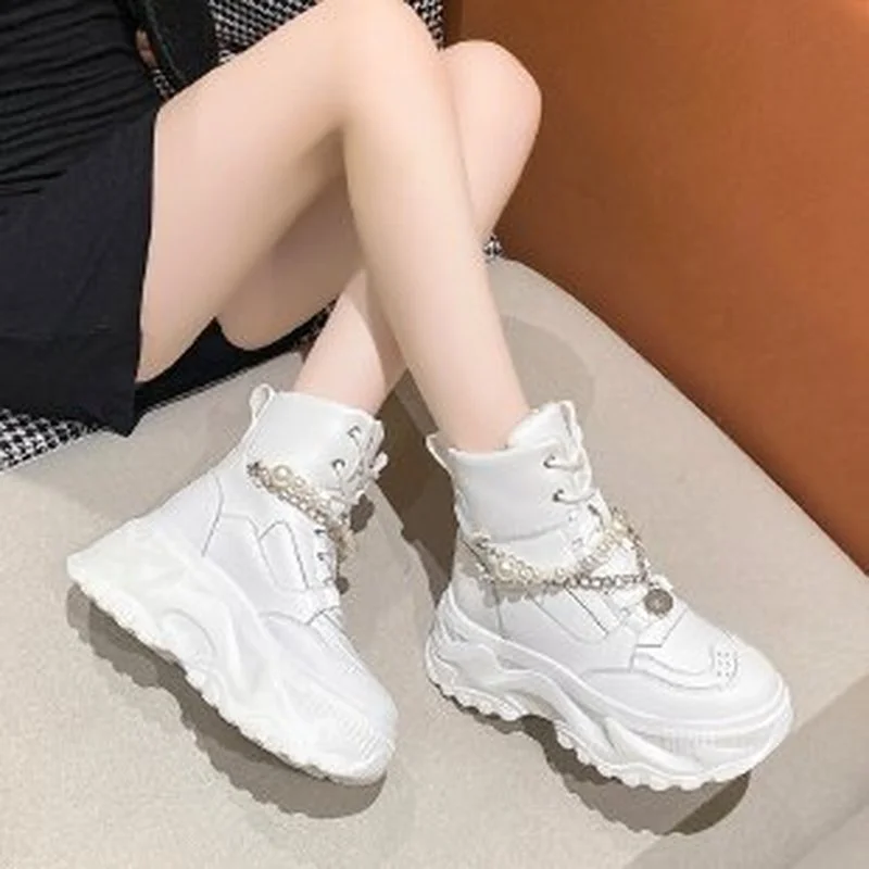 

Женские туфли-лодочки из натуральной кожи, на платформе, с металлической цепочкой и перекрестной шнуровкой, весна-осень 2112