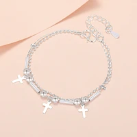 cross 925 stamp silver color fashion ball double chain womens bracelet trendy elegant wedding party fine jewelry accessories