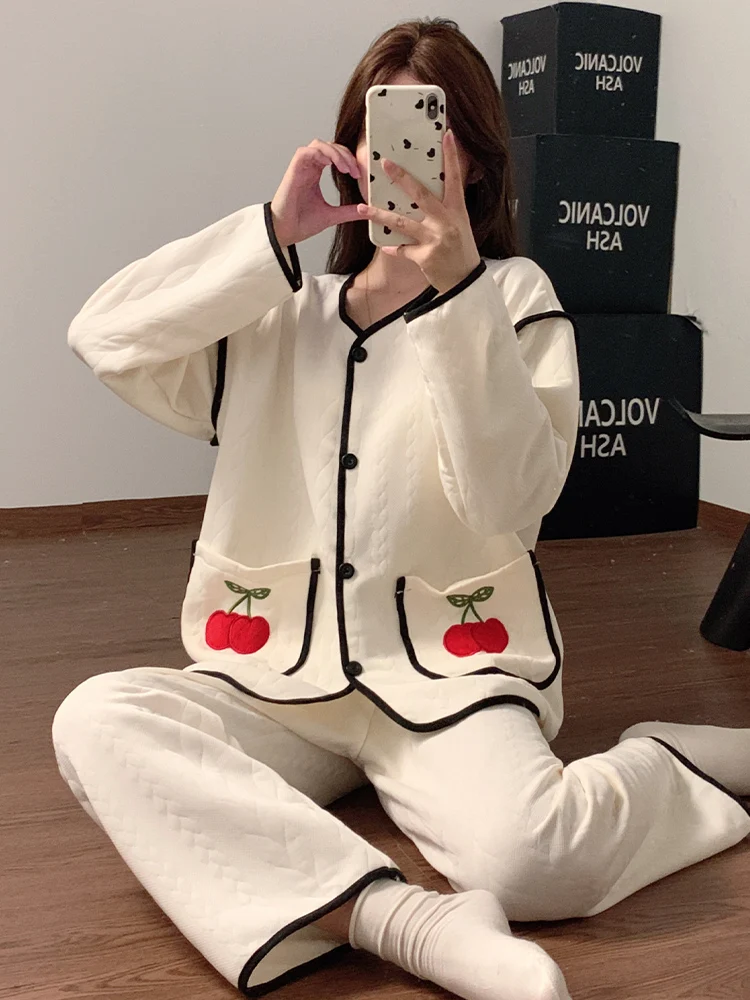 Air Cotton Sandwich Pajamas Women Autumn and Winter Casual High Sense Long sleeve Thickened 2024 New Set Homewear