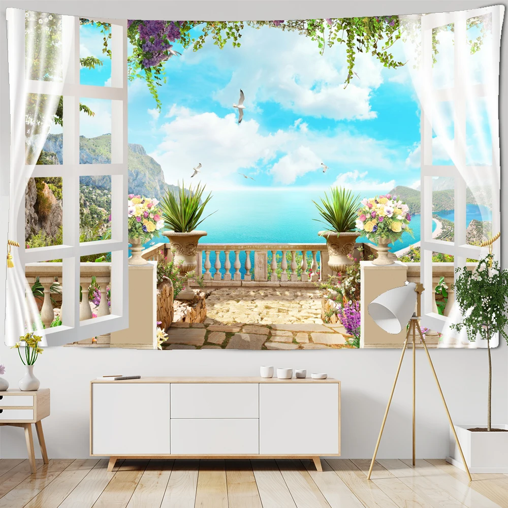 

Imitation Window Scenery Tapestry Wall Hanging Seaside Scenery Dormitory Bohemian Living Room Home Decor Wall Tapestries