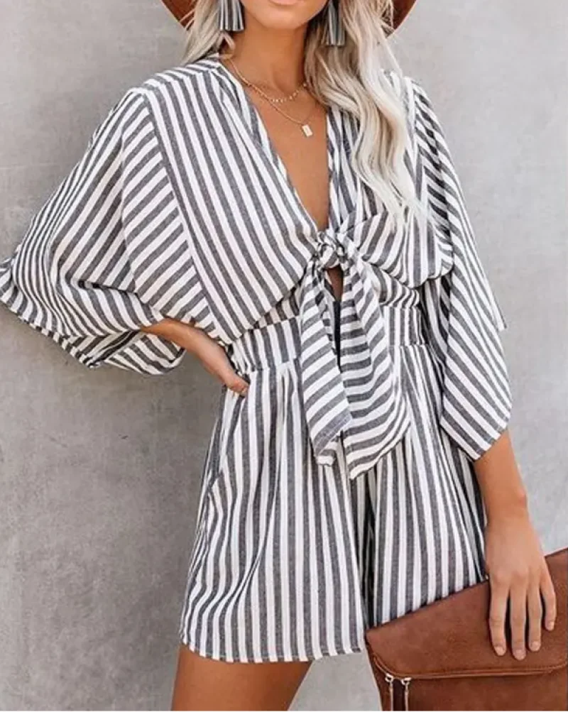 Sexy V-Neck Elegant Party Bodysuit Fashion Festival Outfit Summer Woman Jumpsuit Striped Print Batwing Sleeve Tied Romper