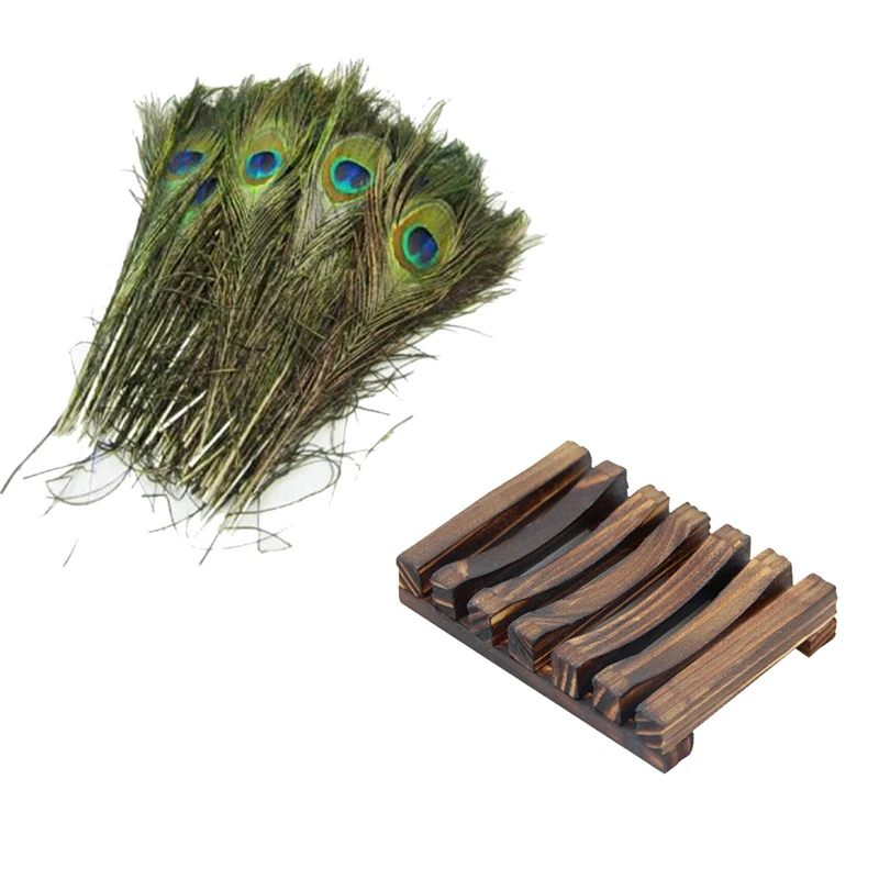 

25 Pcs Natural Peacock Feathers & 1 Pcs Bamboo Wood Soap Dish Storage Holder