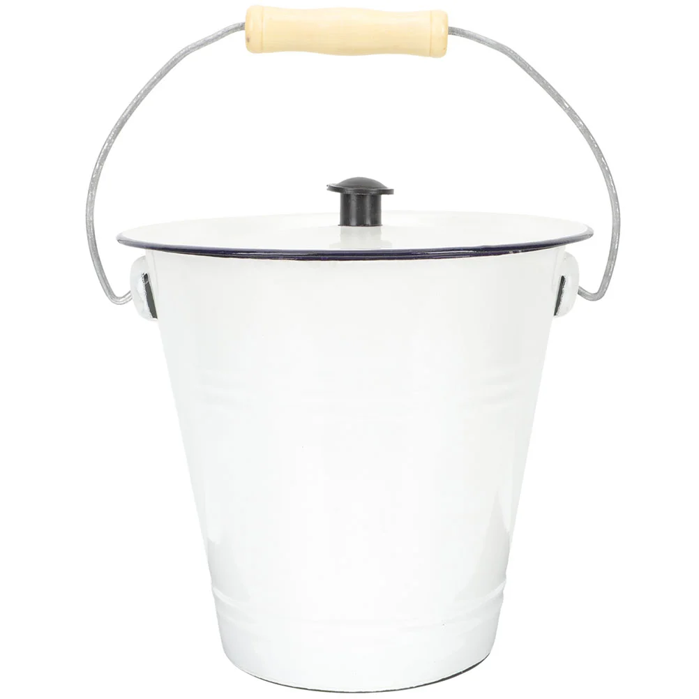 

Enamel Bucket Lid Metal Trash Can White Ice Container Waste Basket Box Small Household Cleaning Water Wooden Lint Bin