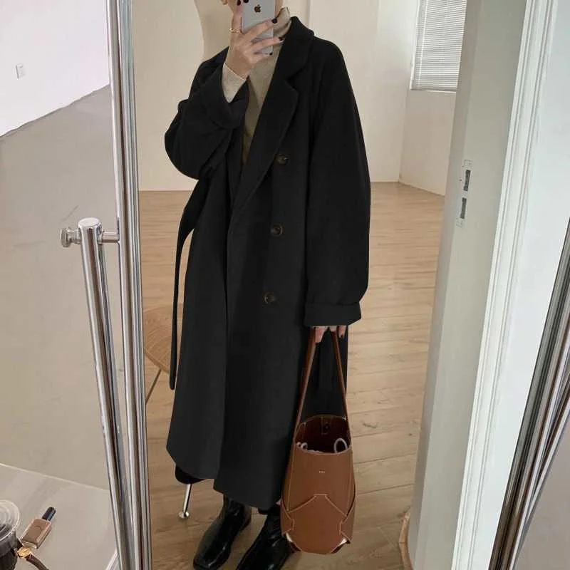 2022 Autumn And Winter New Korean Version Loose Tie Fashion Temperament Double-breasted Thickened Long Woolen Coat Women images - 6