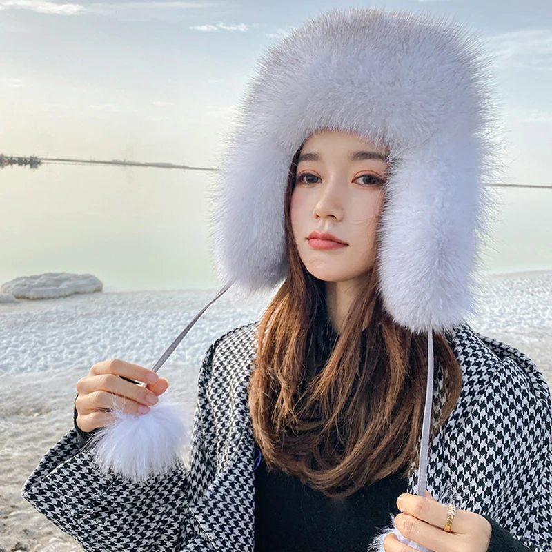 Winter Warm Fashion Unisex Women Snow Hats Russian Ushanka Aviator Trapper Hats With Ear Flap Windproof  Waterproof Fox Fur Caps