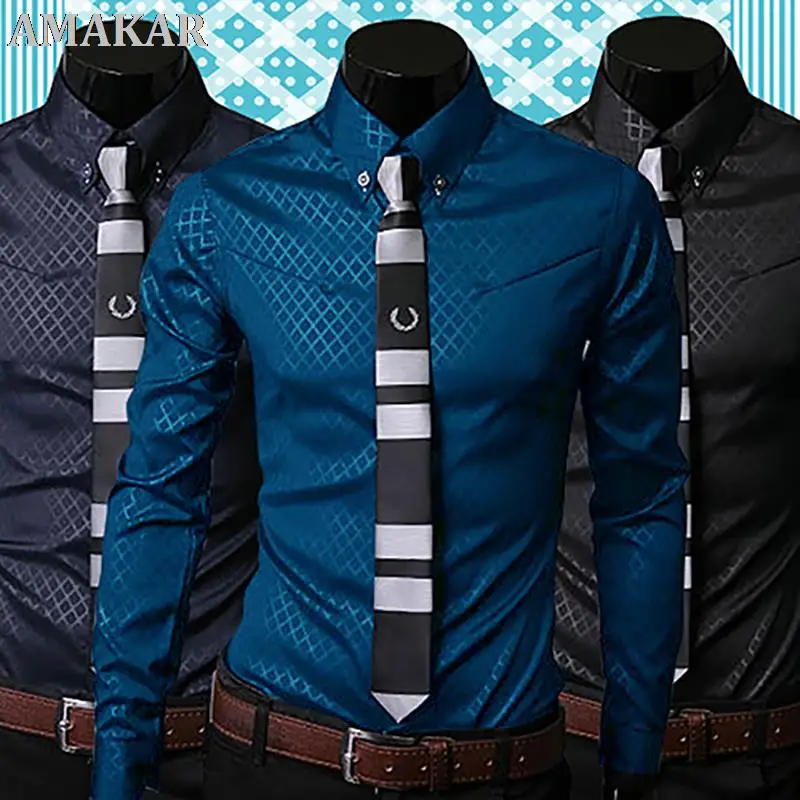 

Мягкая удобная облегающая стильная рубашка, новая роскошная мужская Повседневная деловая рубашка с длинными рукавами и ромбовидным узором...
