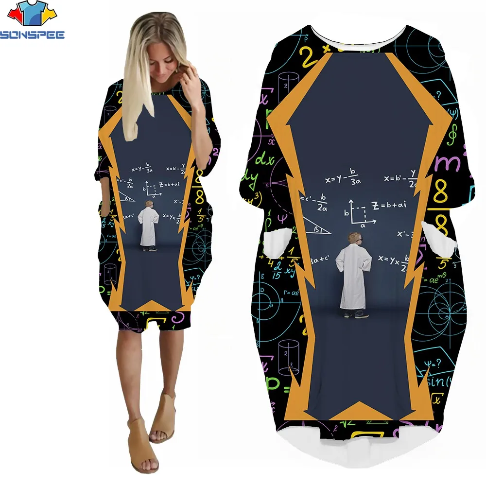 

SONSPEE 3D Print Women's Dress Summer Math Genius Function Formula Blackboard Short Sleeve Round Neck Pocket Skirt Casual Street