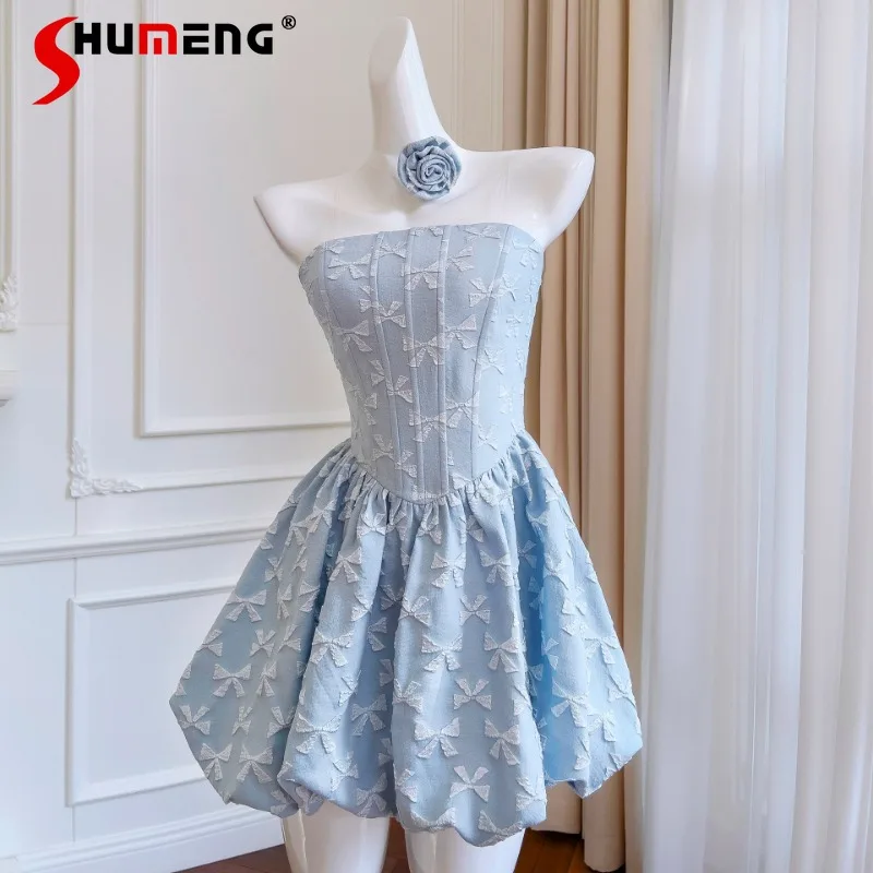 

2023 Autumn New Elegant Younger Fashion Cute Wrapped Chest Word Dinner Suit Women's Girly Style Bow Pettiskirt Vestidos De Mujer