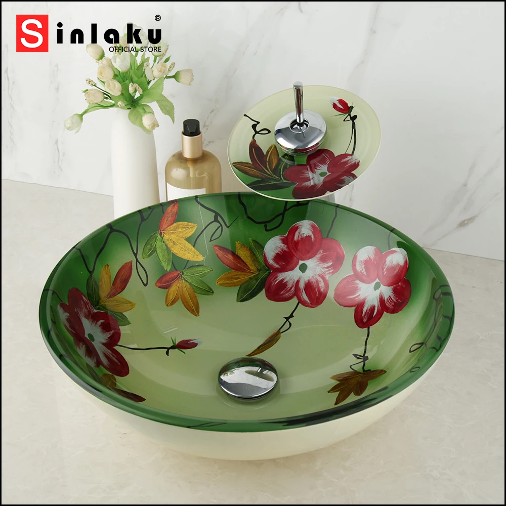 

Круглая раковина SINLAKU, кран-смеситель для ванной комнаты из закаленного стекла с цветочным узором и одной ручкой