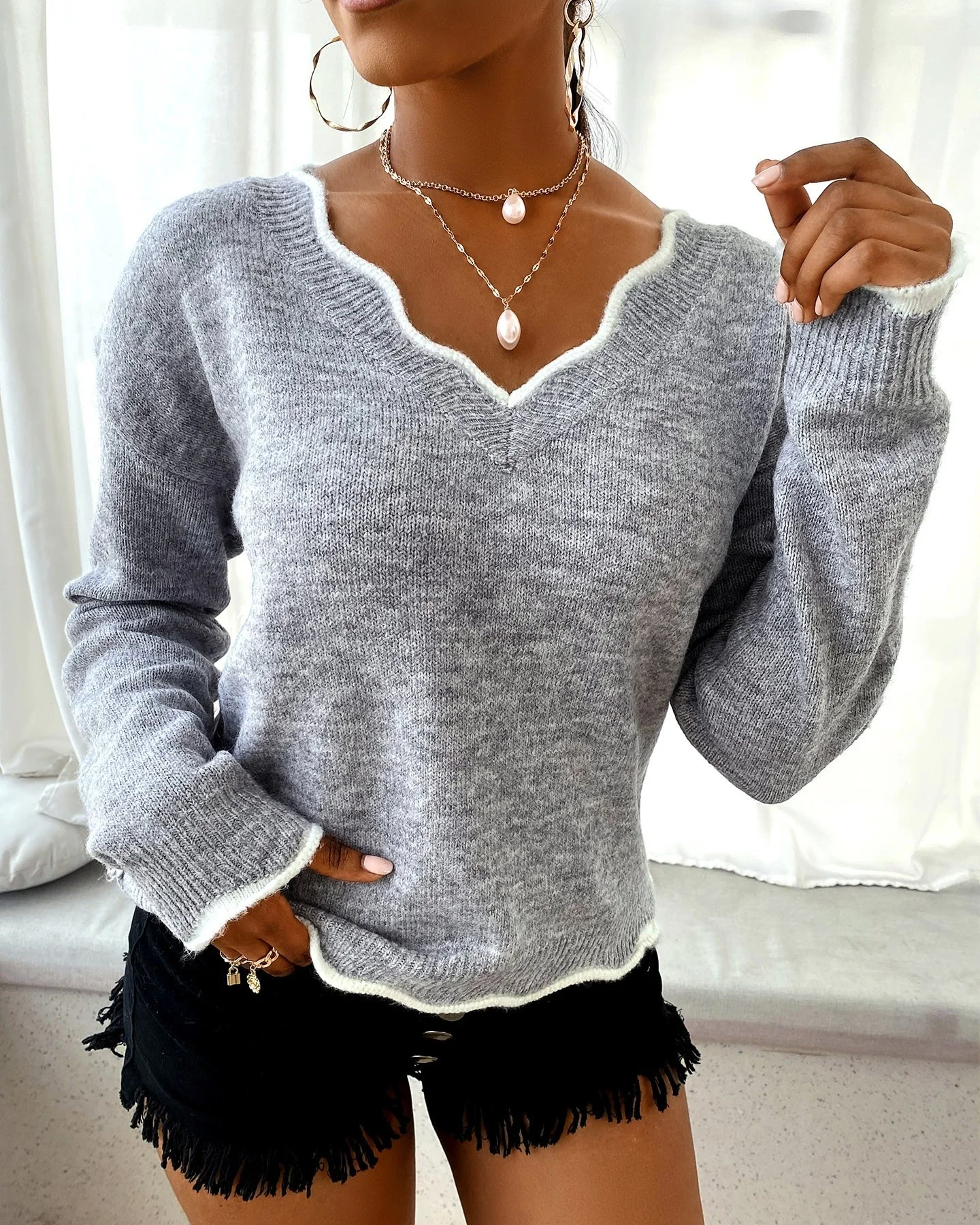 

2023 Women Knitted Sweaters New Wave V Neck Pullover Tops Lady Solid Color Casual Jumper Autumn Winter Female Long Sleeve Sweate