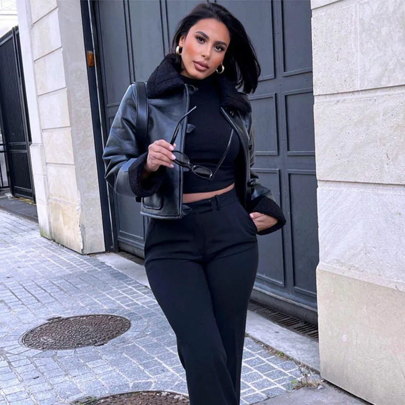 Casual Streetwear Faux Fur Splicing Black Leather Jacket Thick Warm Winter Office Ladies Coat Women New In Outwears Crop Tops