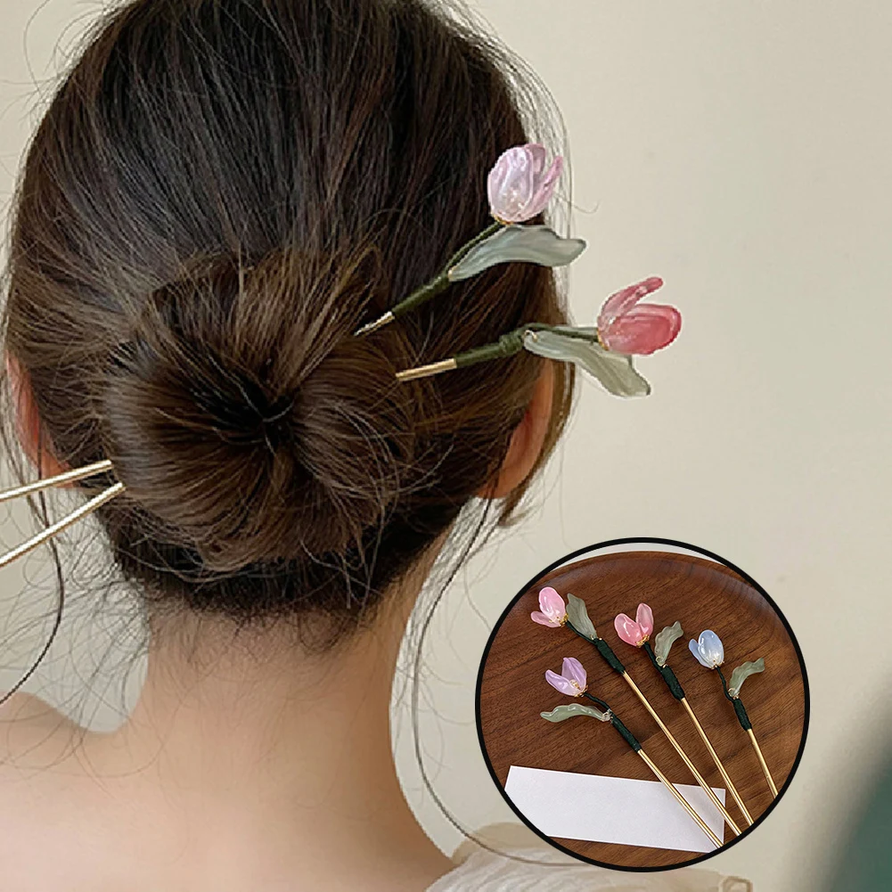 

2022 New Flower Hairpin Hair Stick Tulip Pink Summer Hair Catch Shark Clip Vintage Hairstyle Headwear Accessories for Women