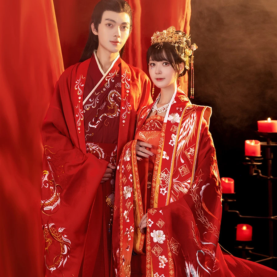 

Chinese Traditional Hanfu Red Dragon Dress Photography Theme Bridal Wedding Ancient Fairy Dress with Large Sleeves