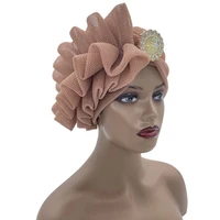 2022 summer new mesh womens turban cap with side ruffles design already made african headtie nigeria auto geles lady head wraps