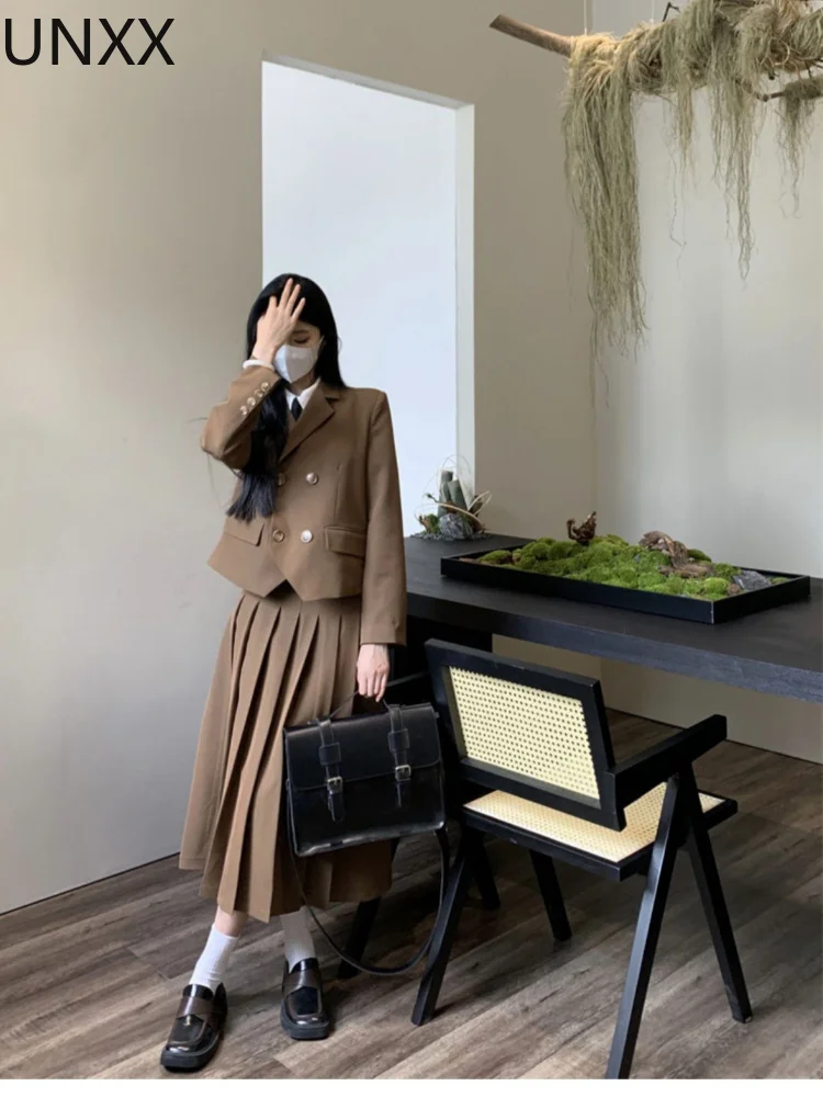 

Женский винтажный костюм UNXX, элегантный костюм из блейзера и плиссированной юбки, двубортная юбка миди, весна-осень