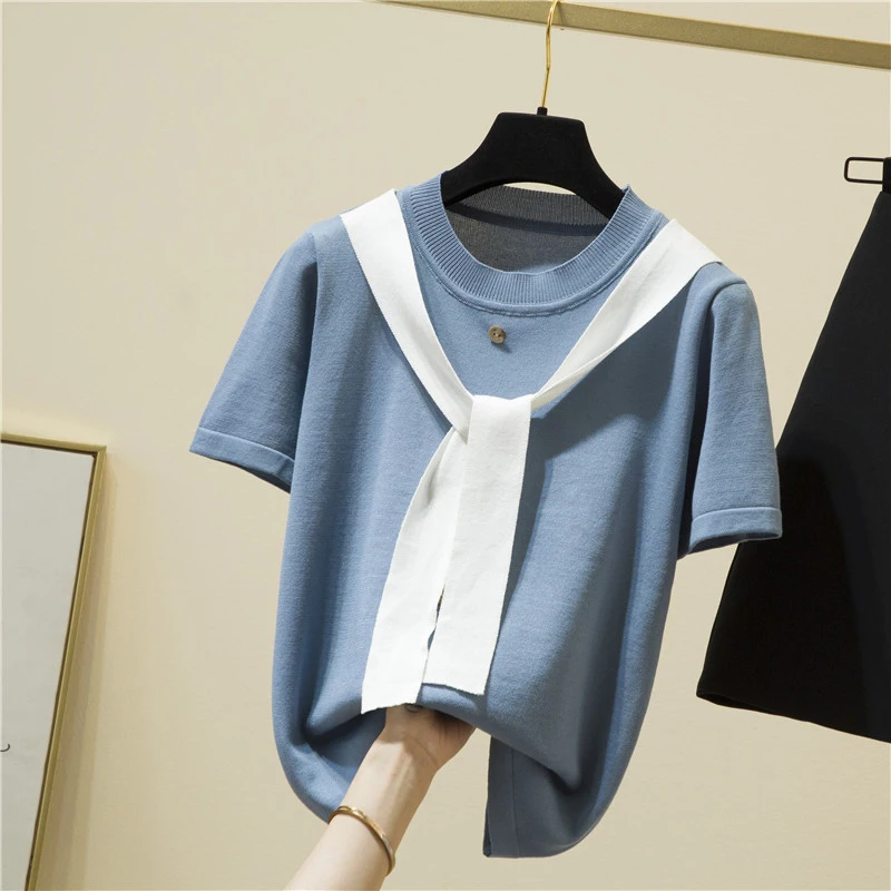 

Thin Knitted T Shirt Women 2022 Summer Tops Tee Shirt Short Sleeve Tshirt O-Neck Patchwork T-Shirts Korean Style Woman Clothes